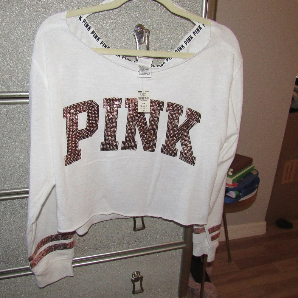 White Sequin PINK Off shoulder Cropped Sweater